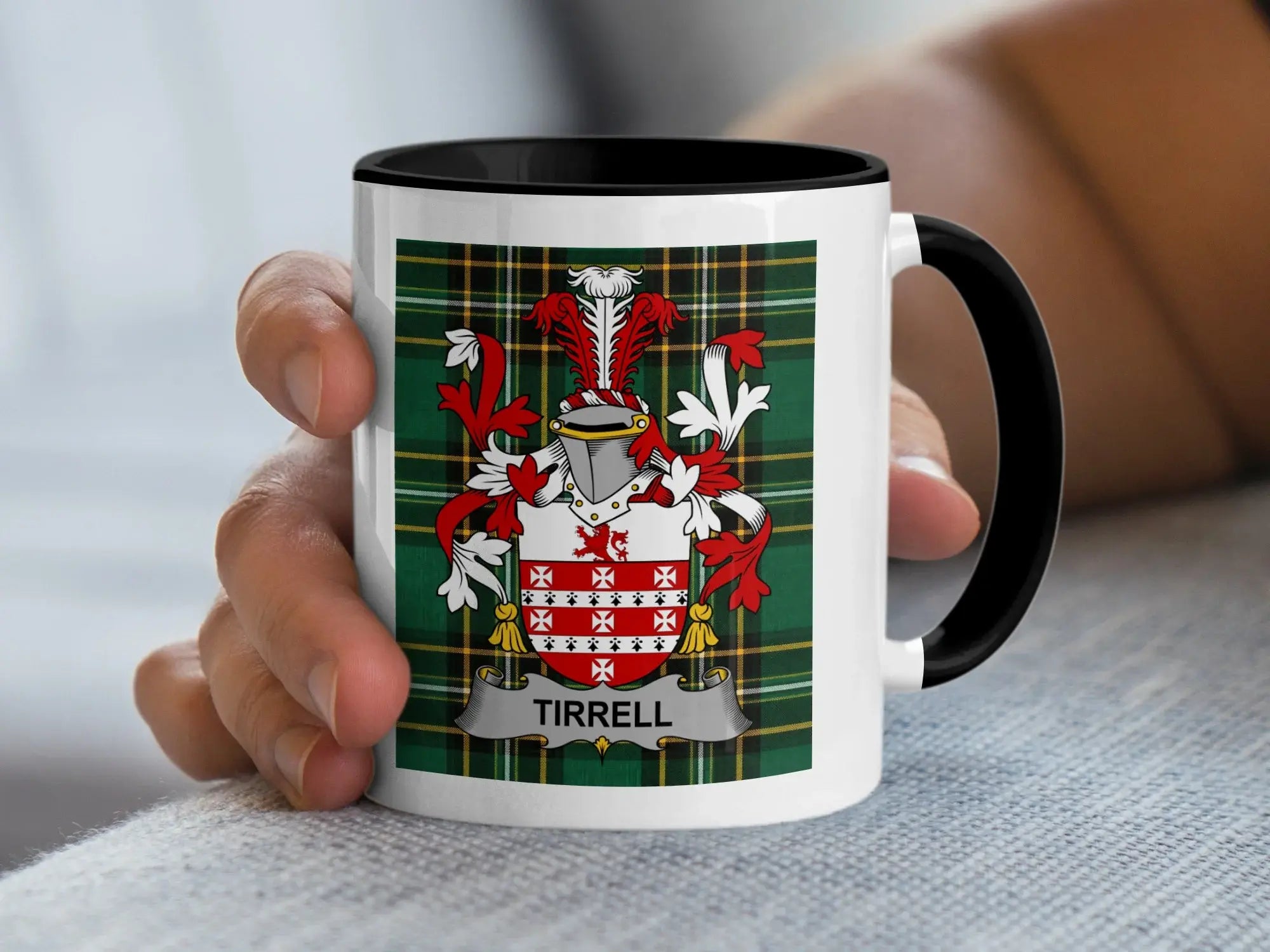 Tirrell coat of arms on a white mug with black handle and rim.