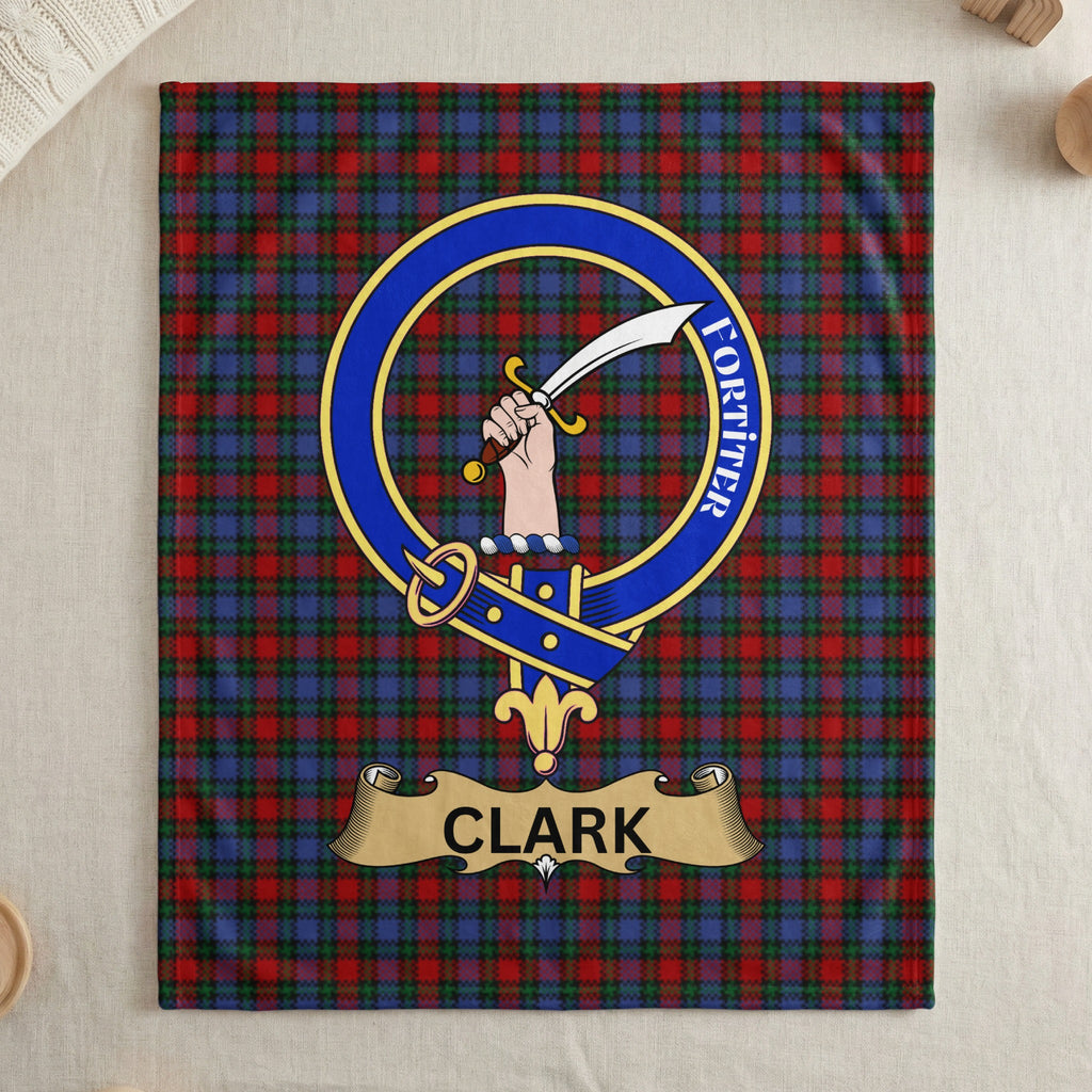 Clark clan tartan throw blanket with crest and motto — draped display