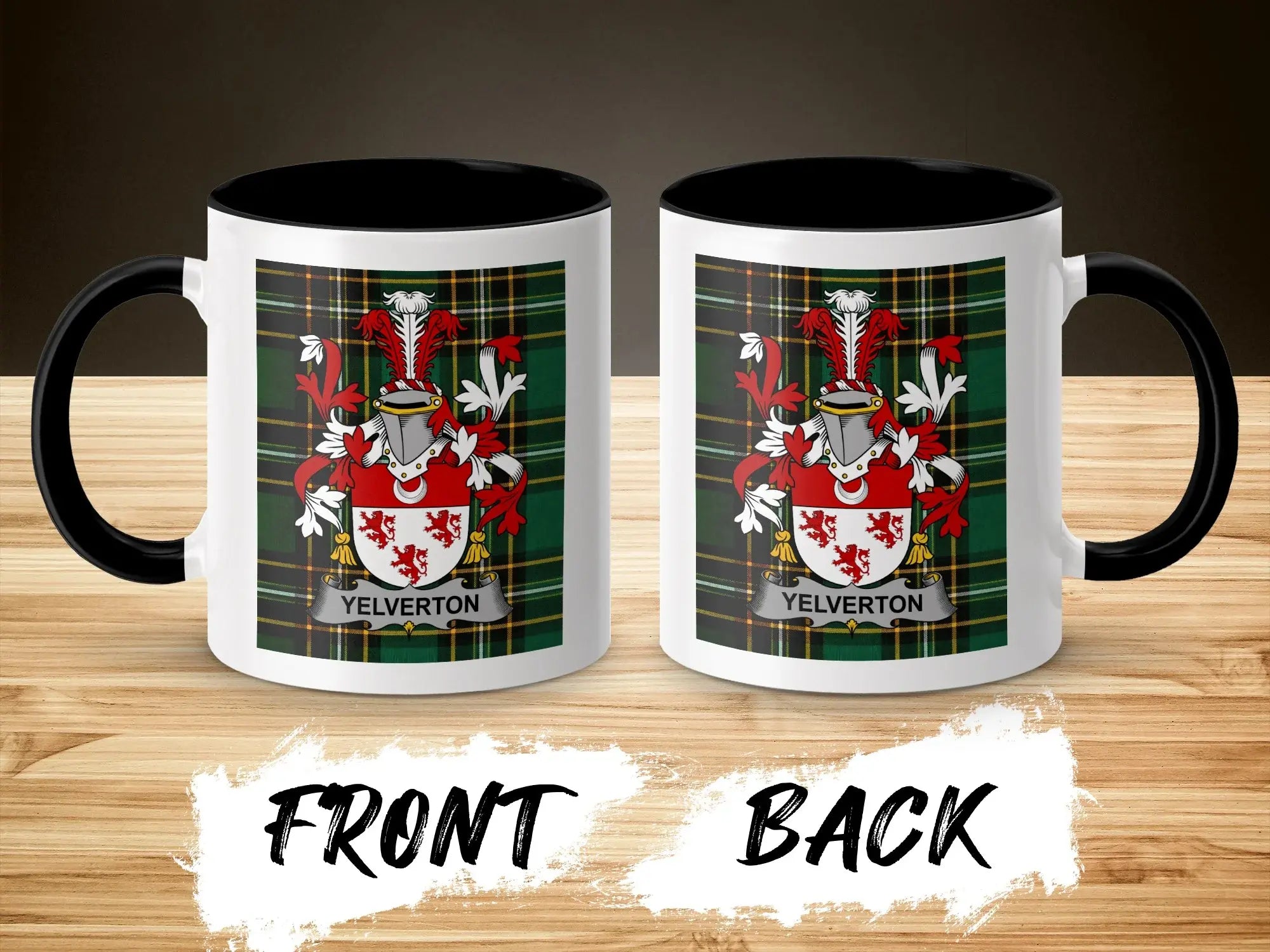 YELVERTON crest on a plaid mug, front and back views.