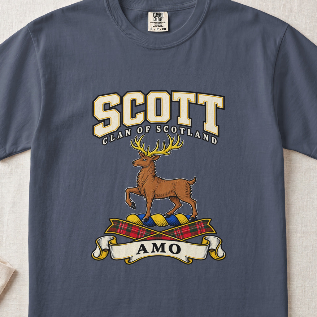Scott graphic T-shirt in Midnight blue, front flat lay showing varsity lettering and brown stag with gold antlers and one raised front leg.