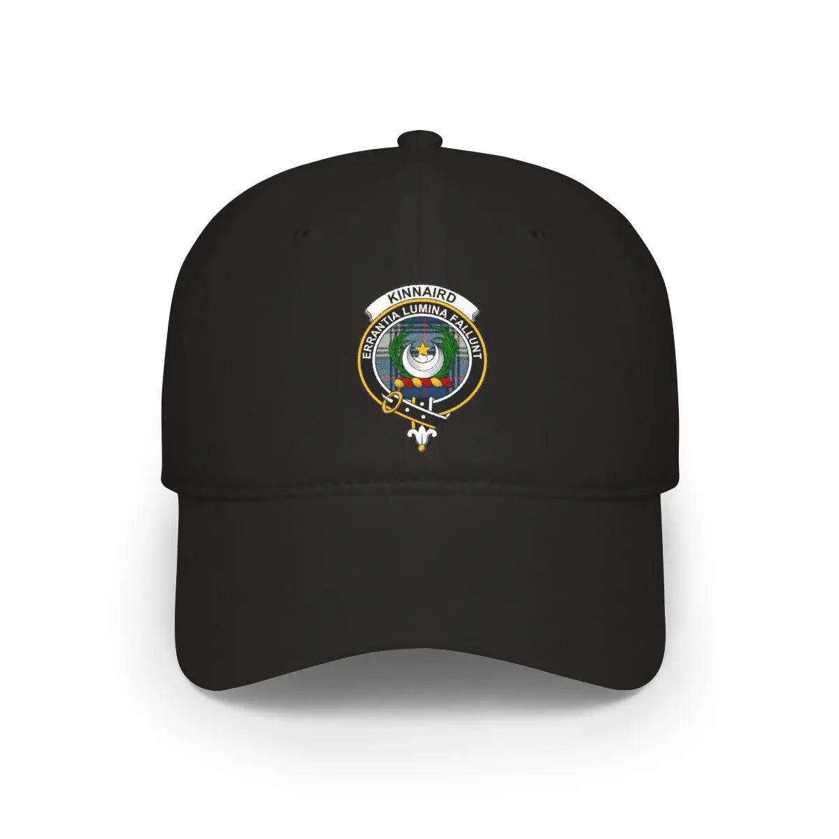 Clan Kinnaird tartan crest cap — khaki low-profile cotton baseball cap with printed clan design