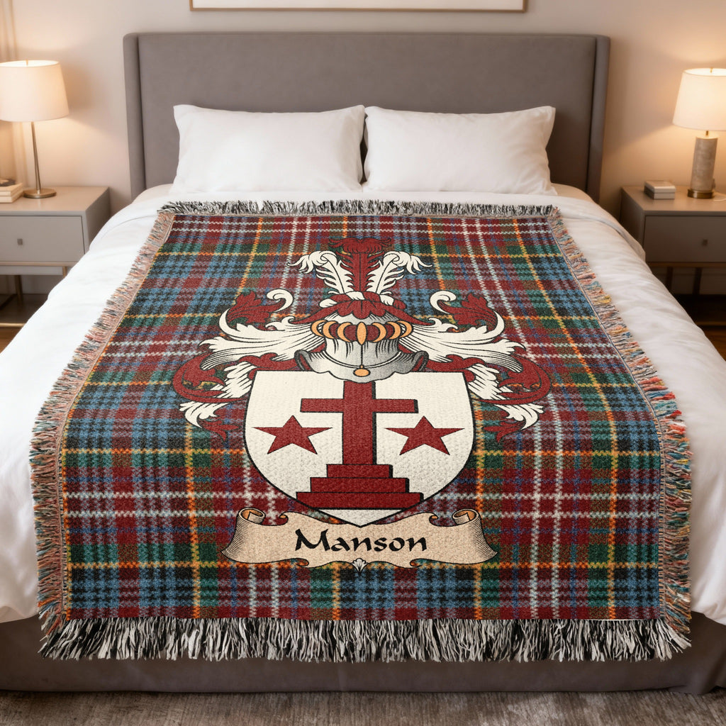 Manson Caledonia tartan heritage woven throw blanket with family shield