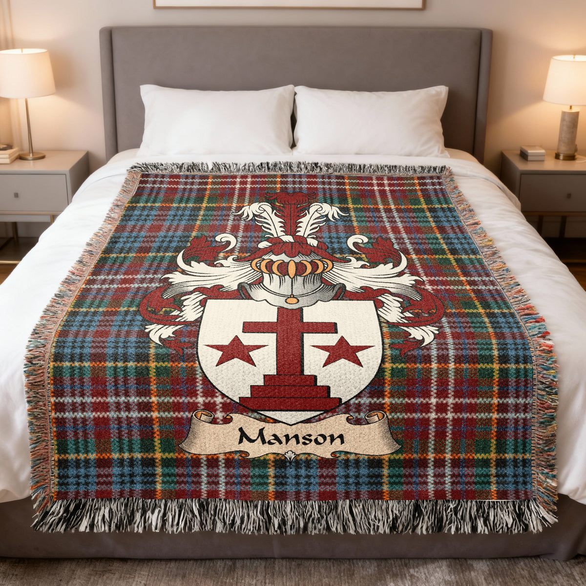 Manson Caledonia tartan heritage woven throw blanket with family shield