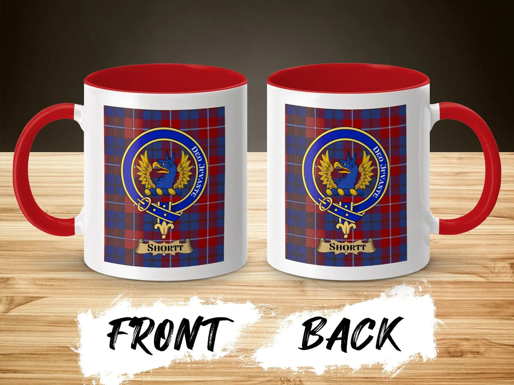 Shortt tartan-background crest mug shown as a Scottish heritage gift