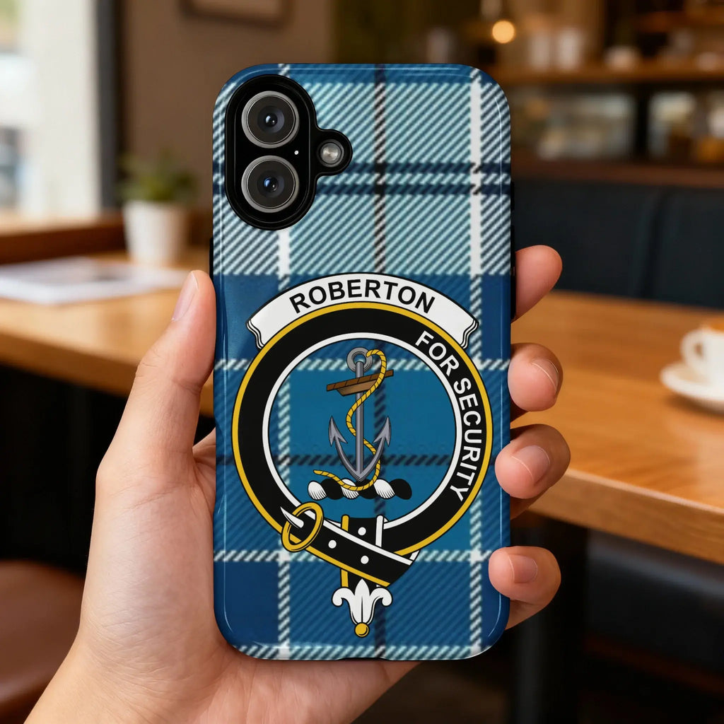 Clan Robertson tartan phone case — full crest design on glossy surface, side view