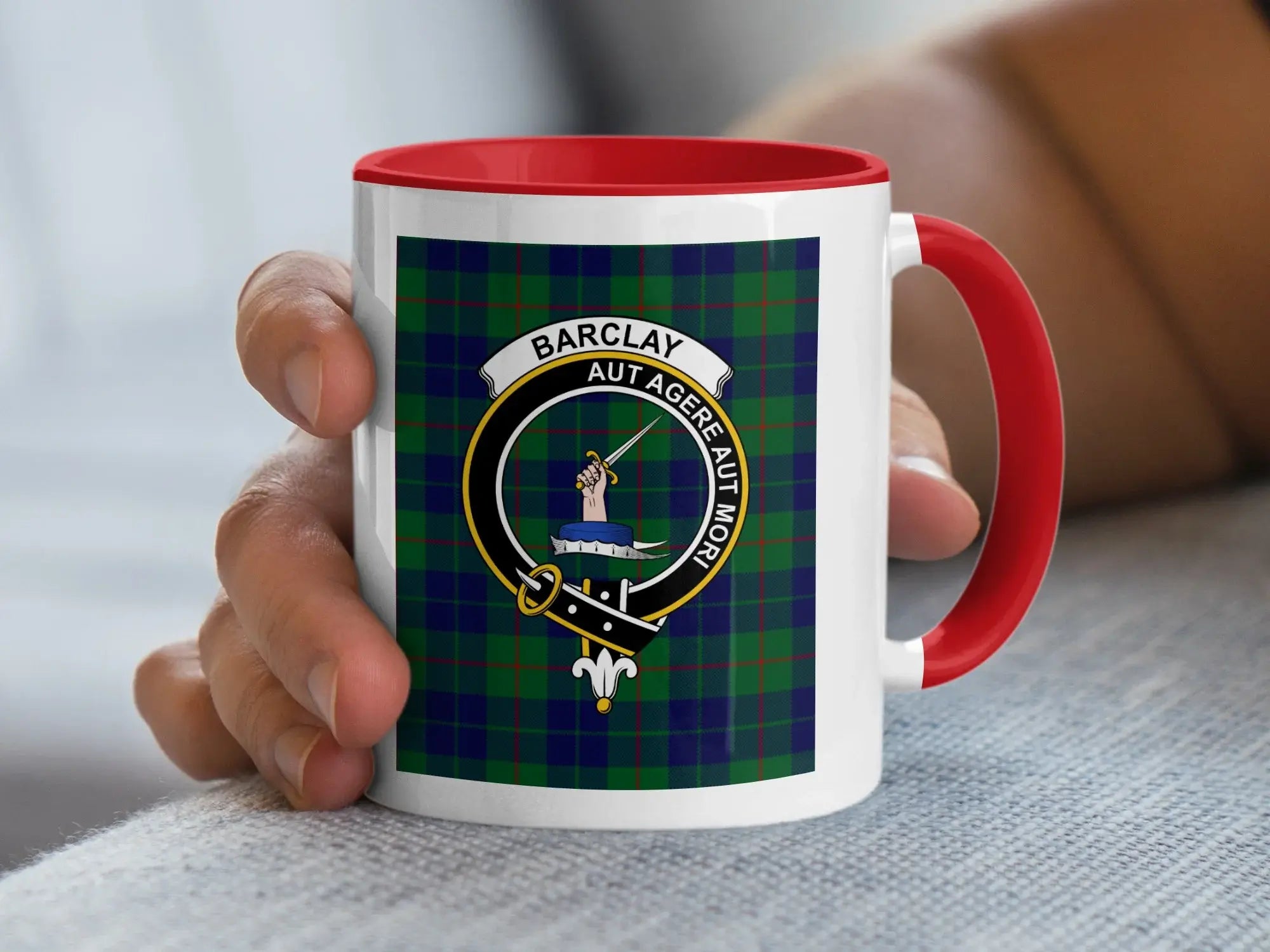 Barclay clan crest tartan mug showing front design — Scottish heritage ceramic, 11oz black handle