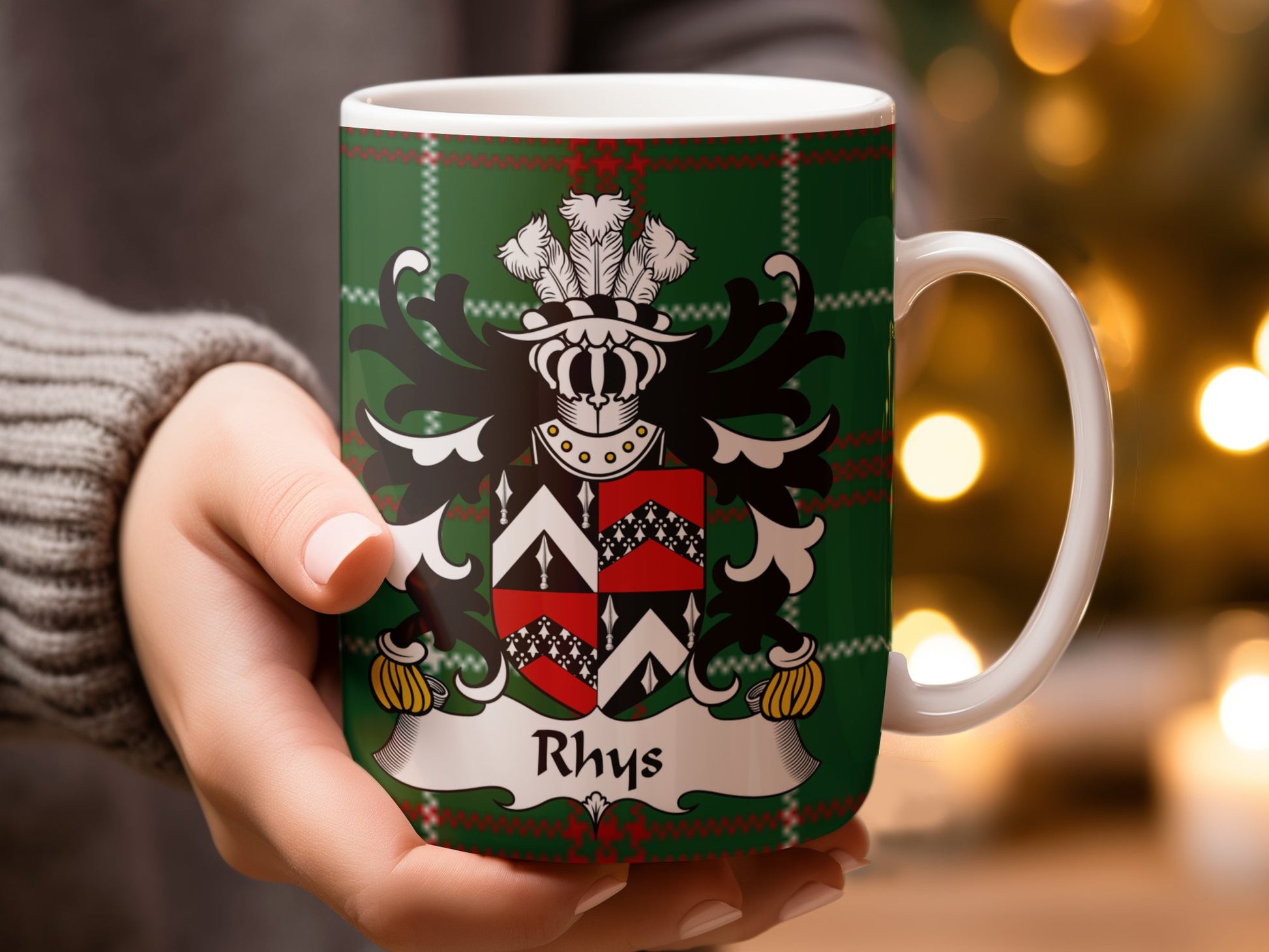 Rhys Coat of Arms on Welsh National Tartan Background Mug - Living Stone Gifts