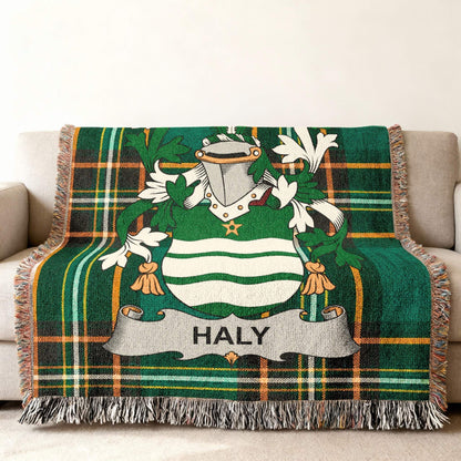 Green tartan throw blanket featuring the Haly family crest.