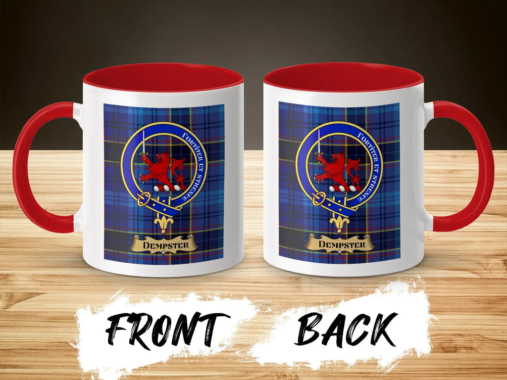 Dempster tartan-background crest mug shown as a Scottish heritage gift