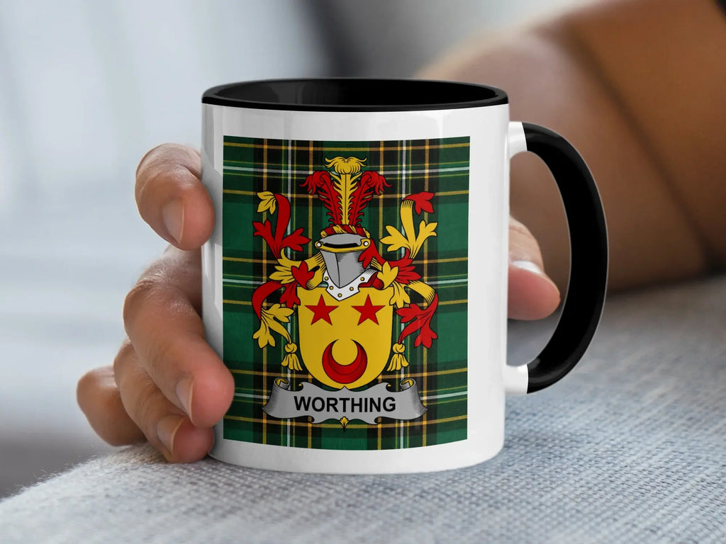 White mug with black rim displaying a family crest with the name "WORTHING".