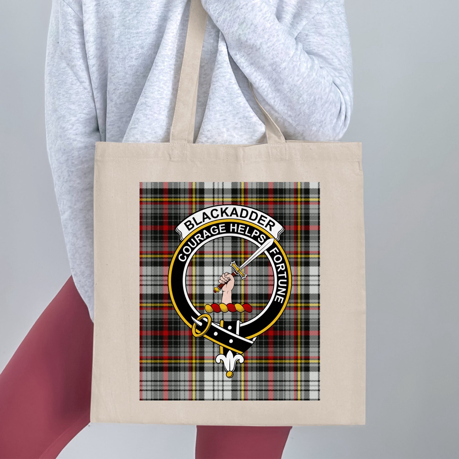 Blackadder Clan Crest on Tartan Background Tote Bag - Living Stone Gifts