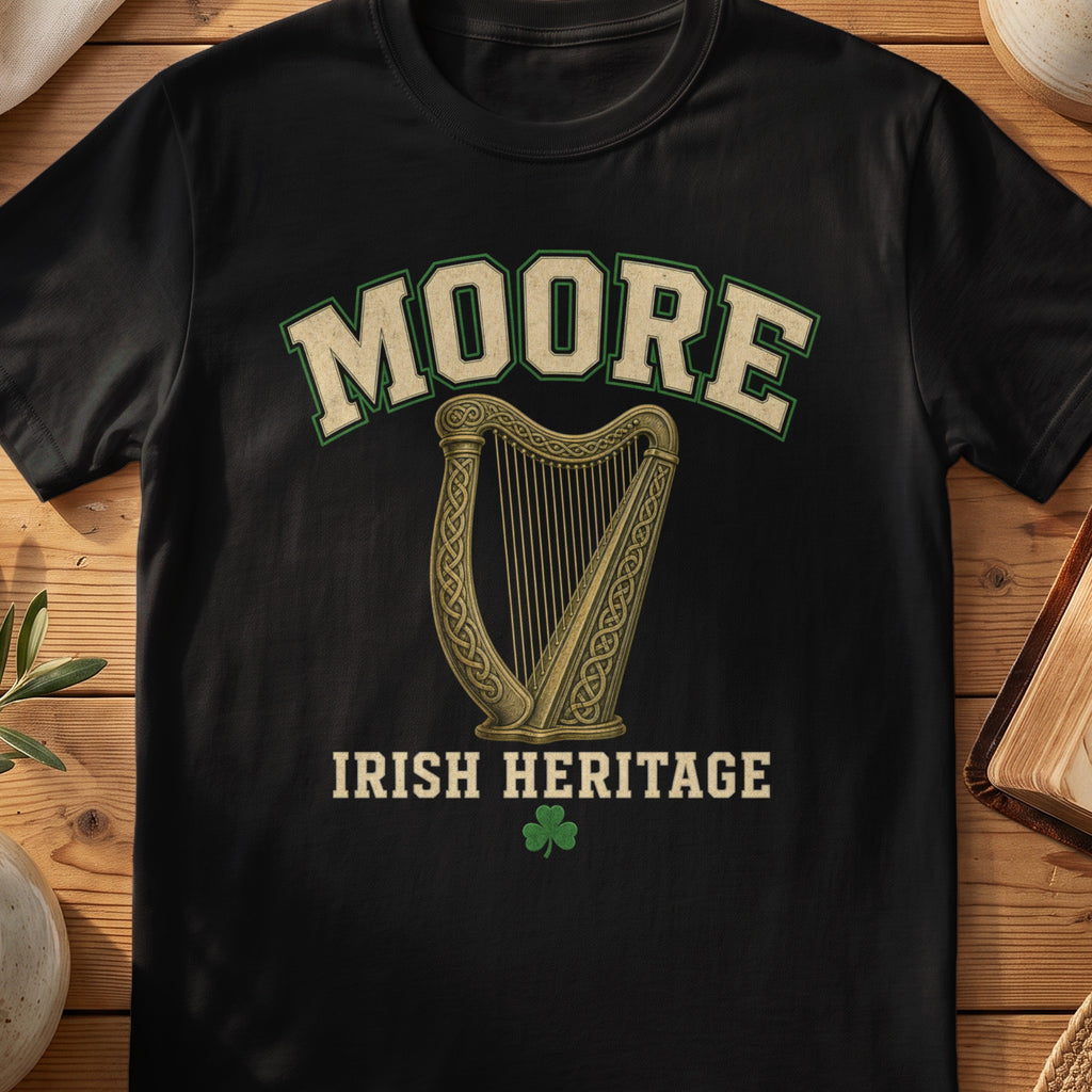 Moore Irish harp T-shirt in Black, with cream surname lettering, a gold-toned harp, green shamrock and “Irish Heritage” text.