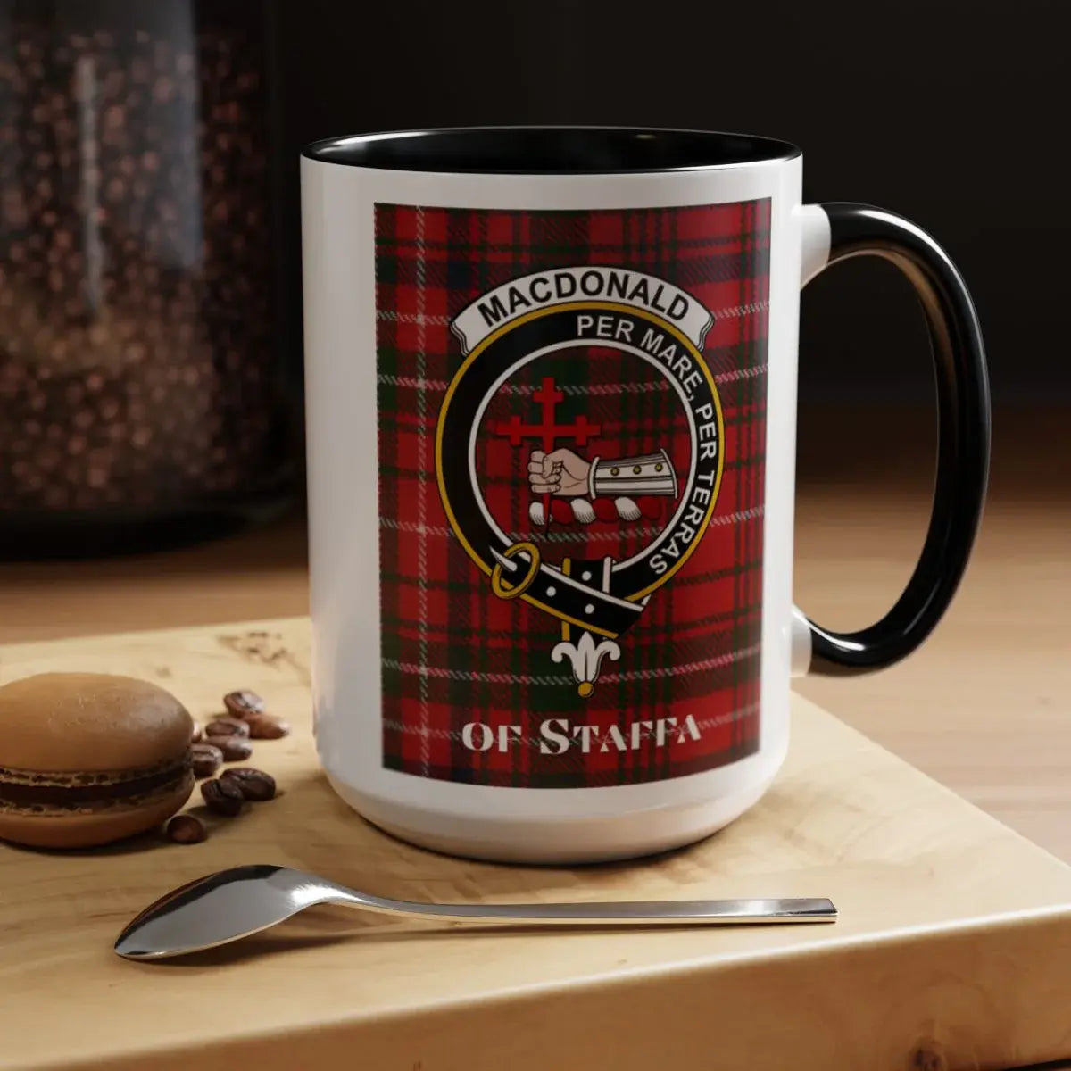 MacDonald of Staffa tartan ceramic coffee mug — clan design with navy handle