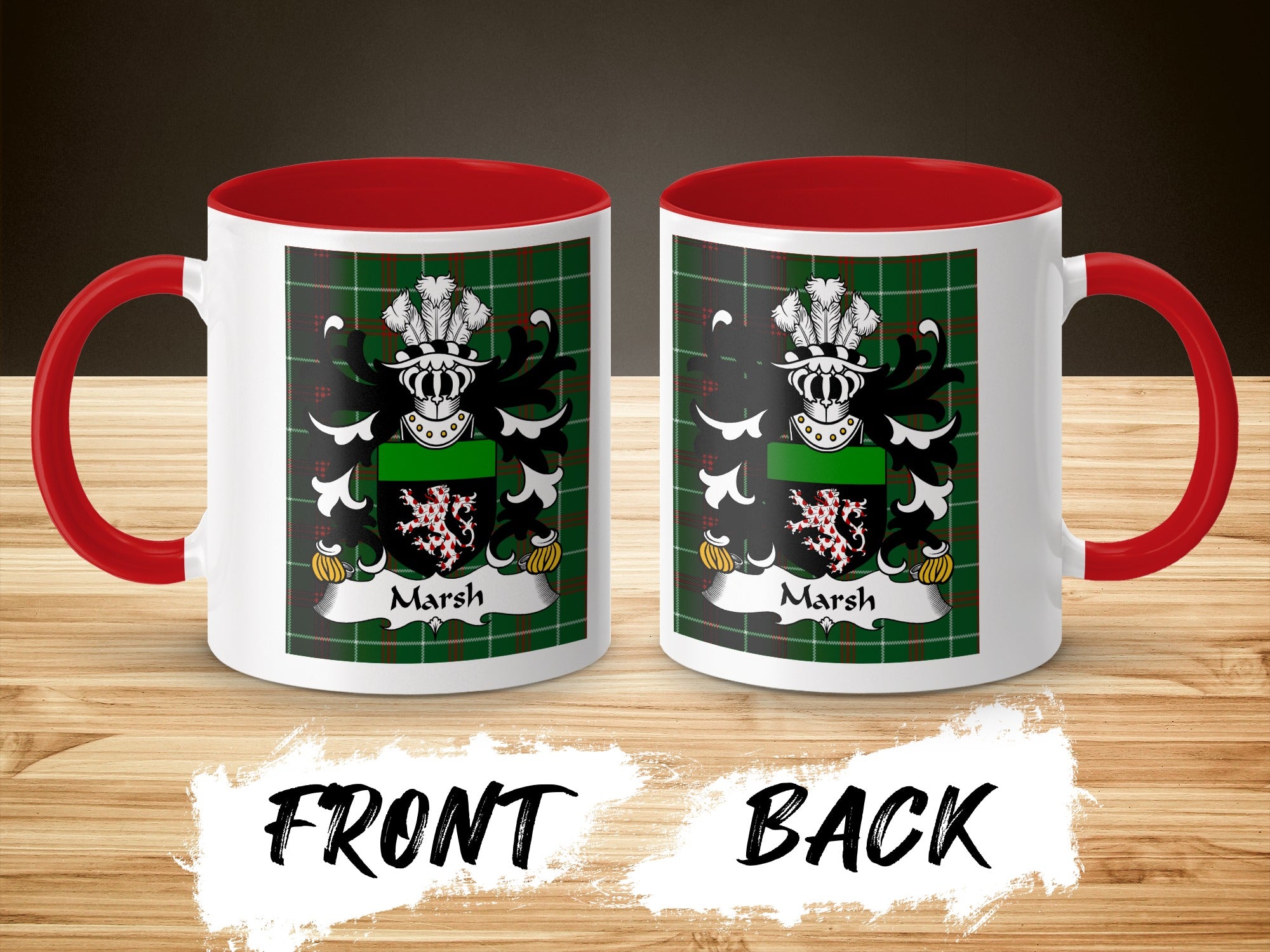 Two white mugs with red handles and interiors, each featuring a family crest with the name "Marsh".