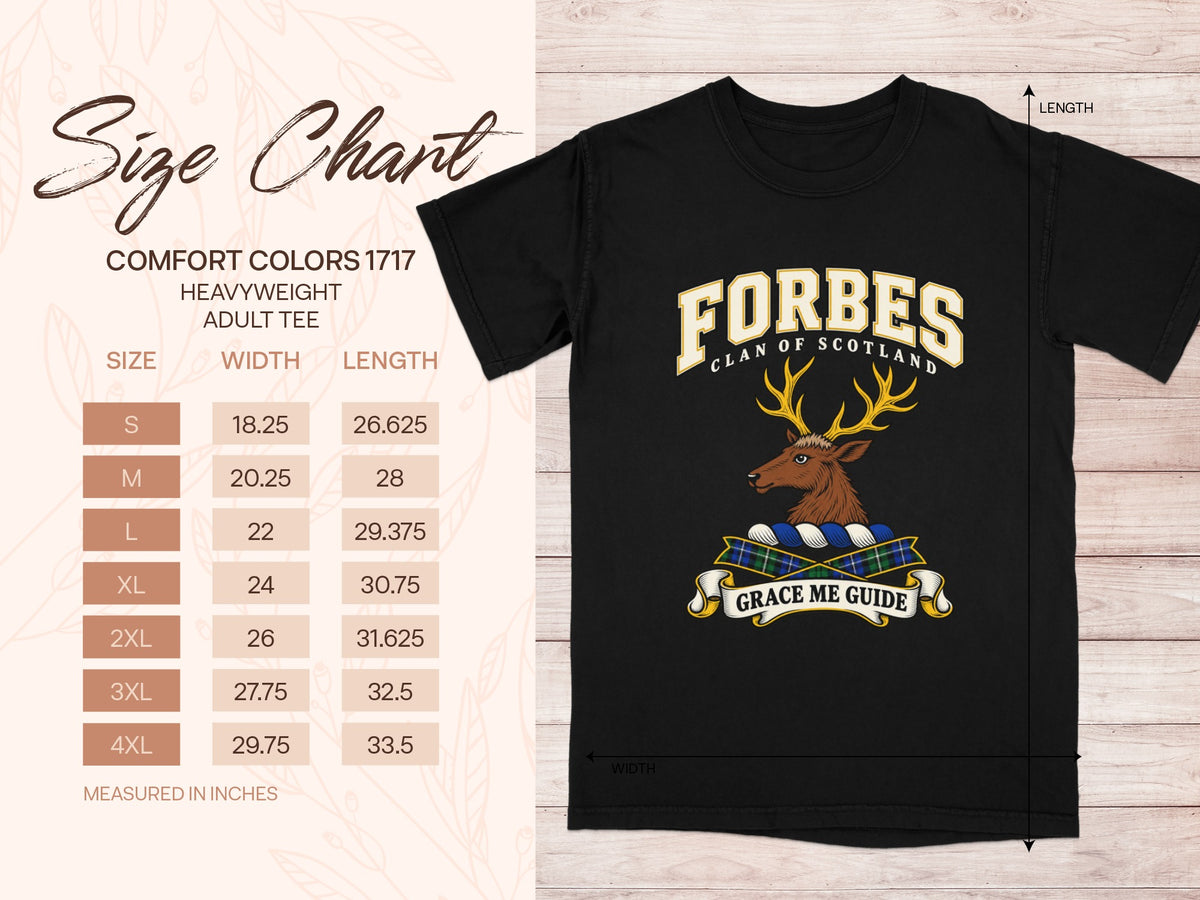 Comfort Colors 1717 size chart with shirt width and length in inches for sizes S to 4XL, beside the Forbes design.