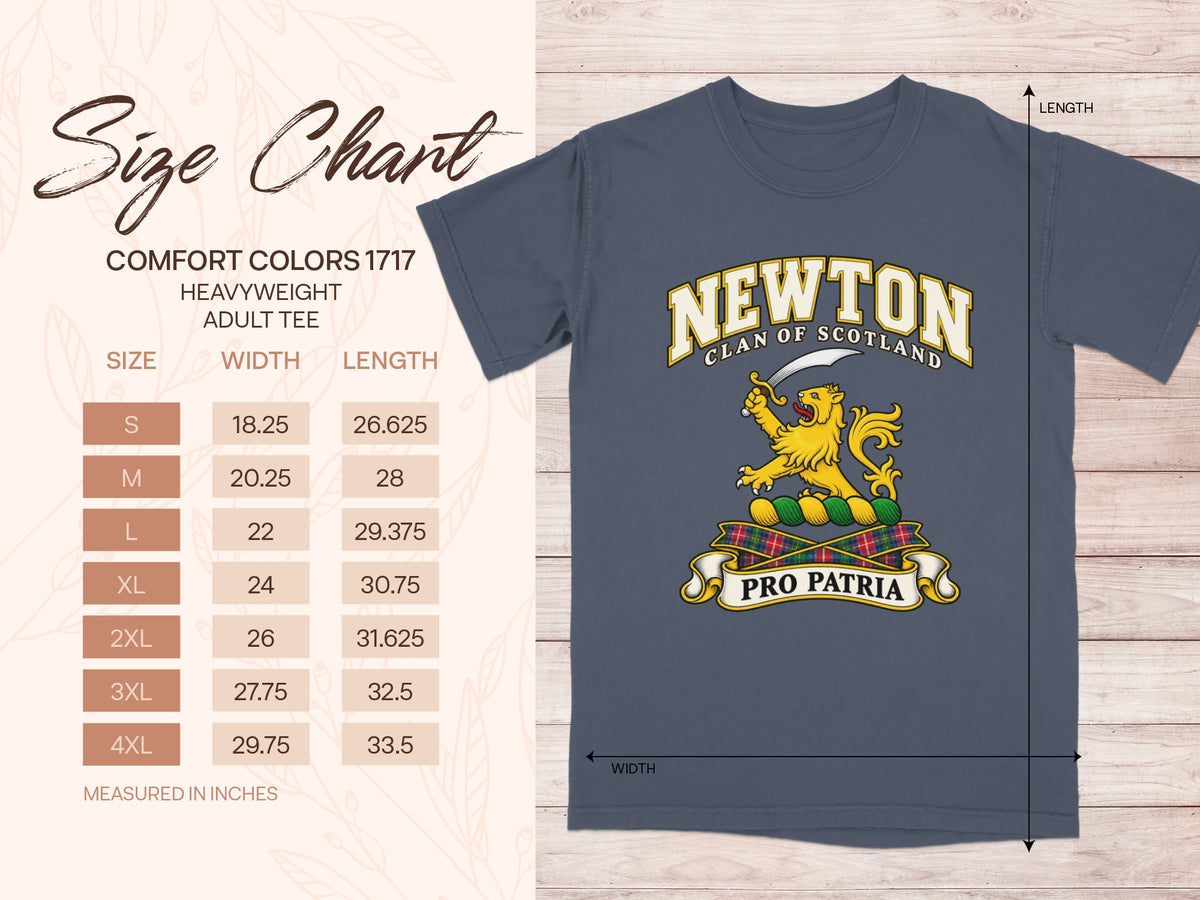 Comfort Colors 1717 size chart for the Newton Scottish clan T-shirt, adult sizes S–4XL.