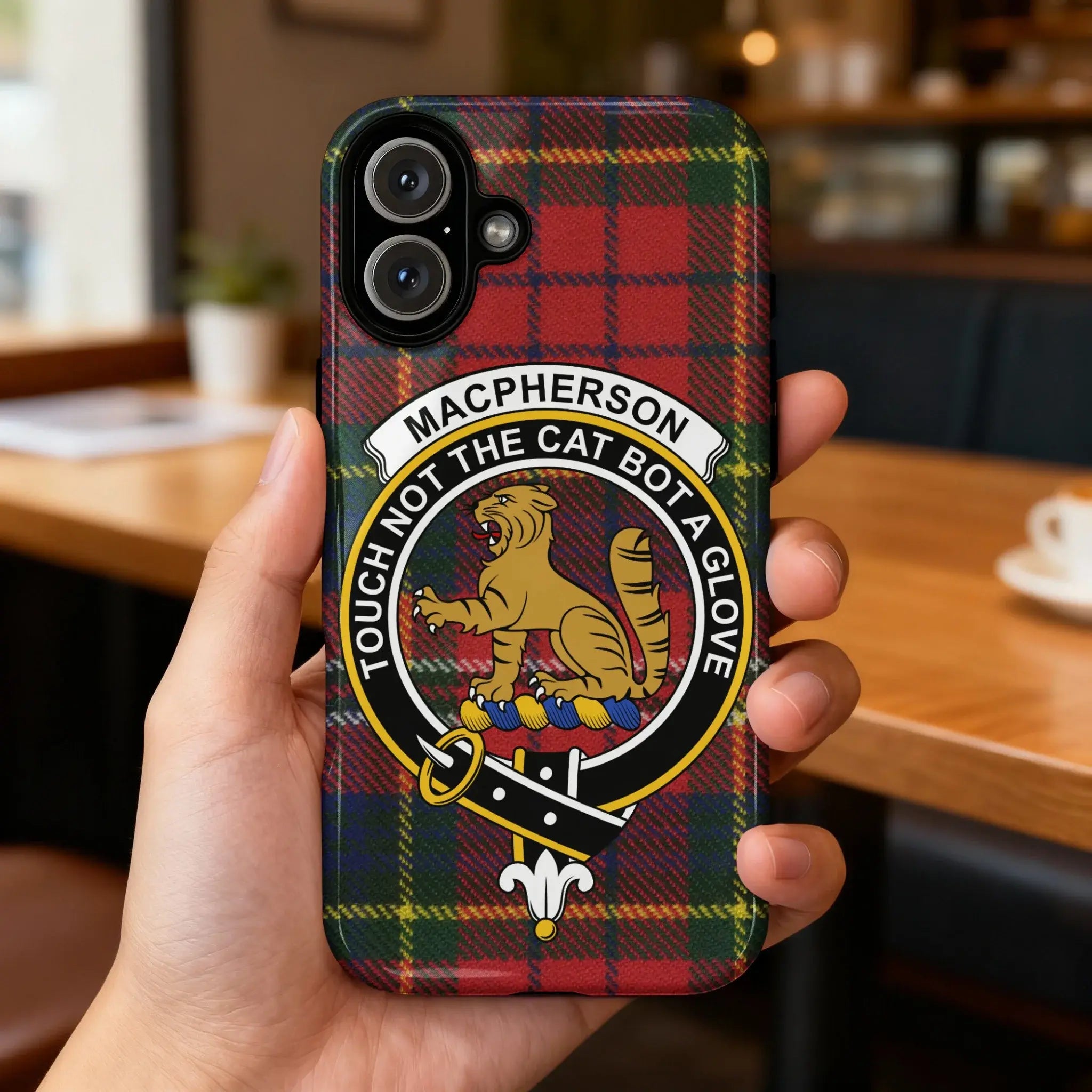 MacPherson tartan phone case rear view — edge-to-edge clan crest print on glossy case