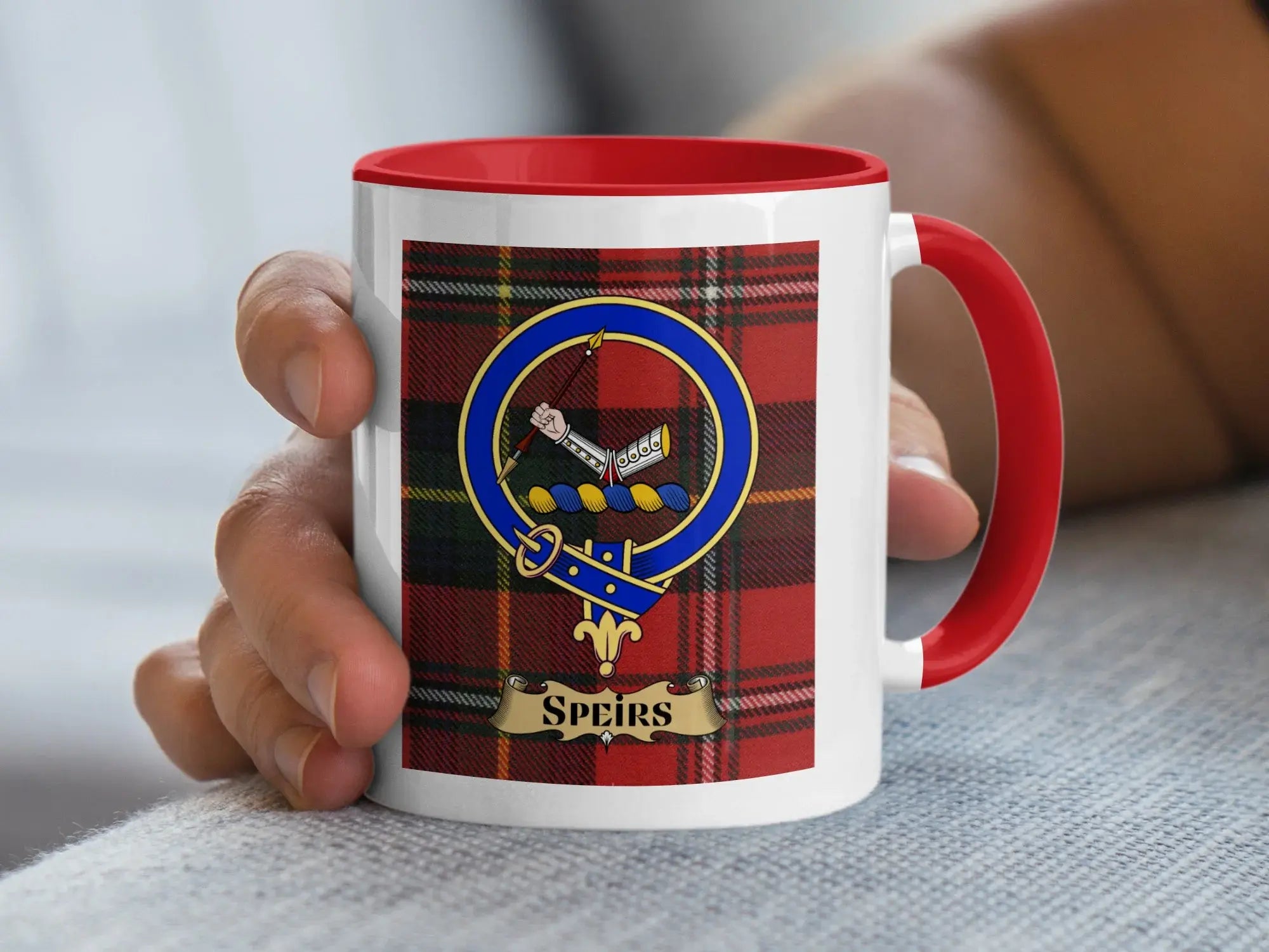 Speirs family crest ceramic mug for everyday coffee and tea