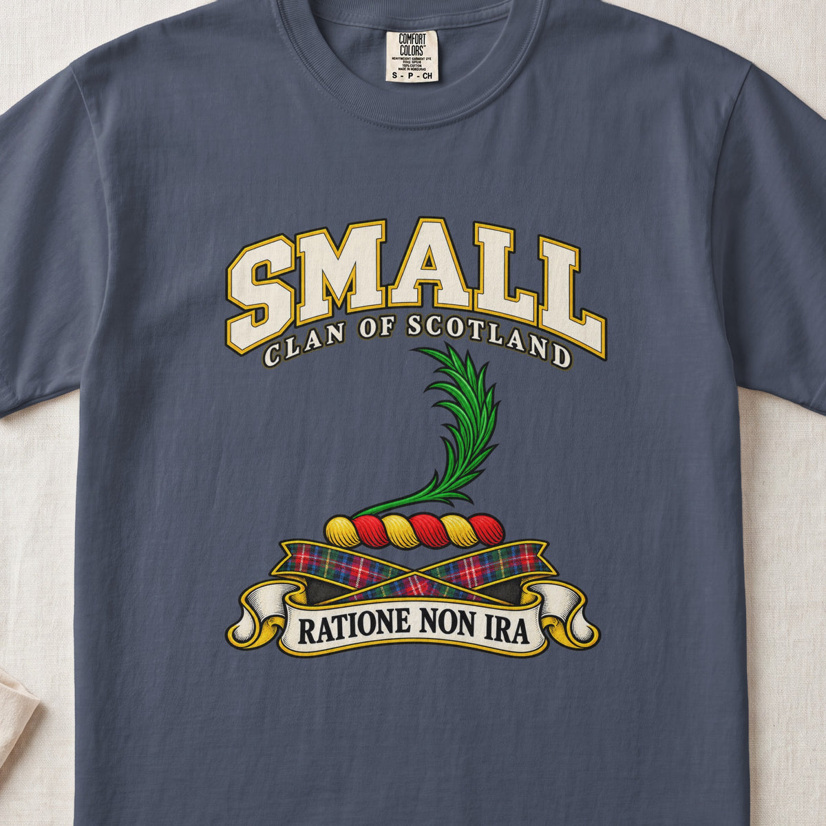 Small Scottish clan T-shirt in Midnight, front view with a green leafy frond and motto banner.