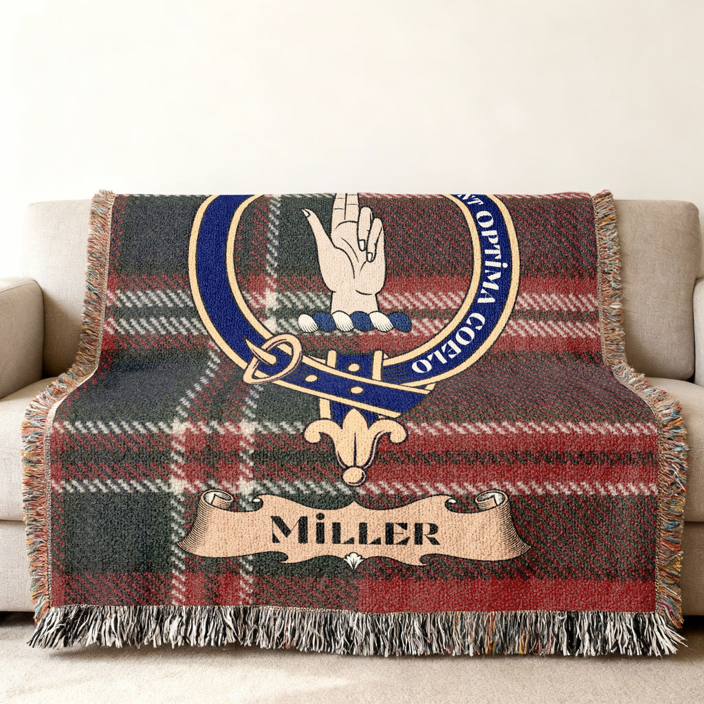 Miller clan tartan woven blanket with crest and name banner
