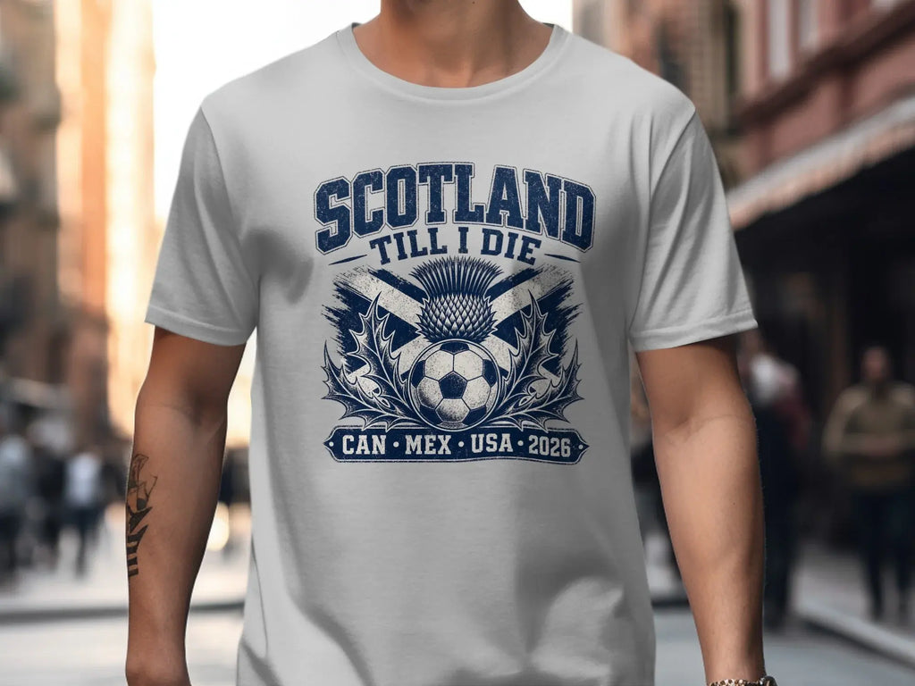 Scotland Till I Die t-shirt with soccer ball and thistle design.