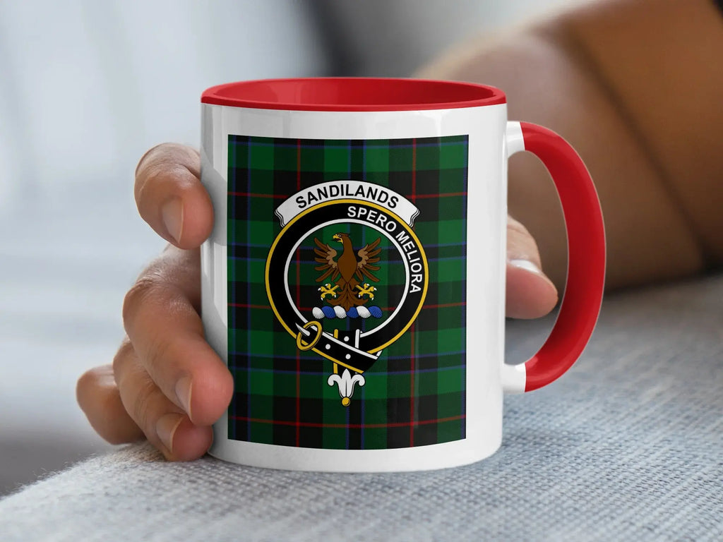 Clan Sandilands Spero Meliora plaid crest coffee mug — 15 oz ceramic, black handle