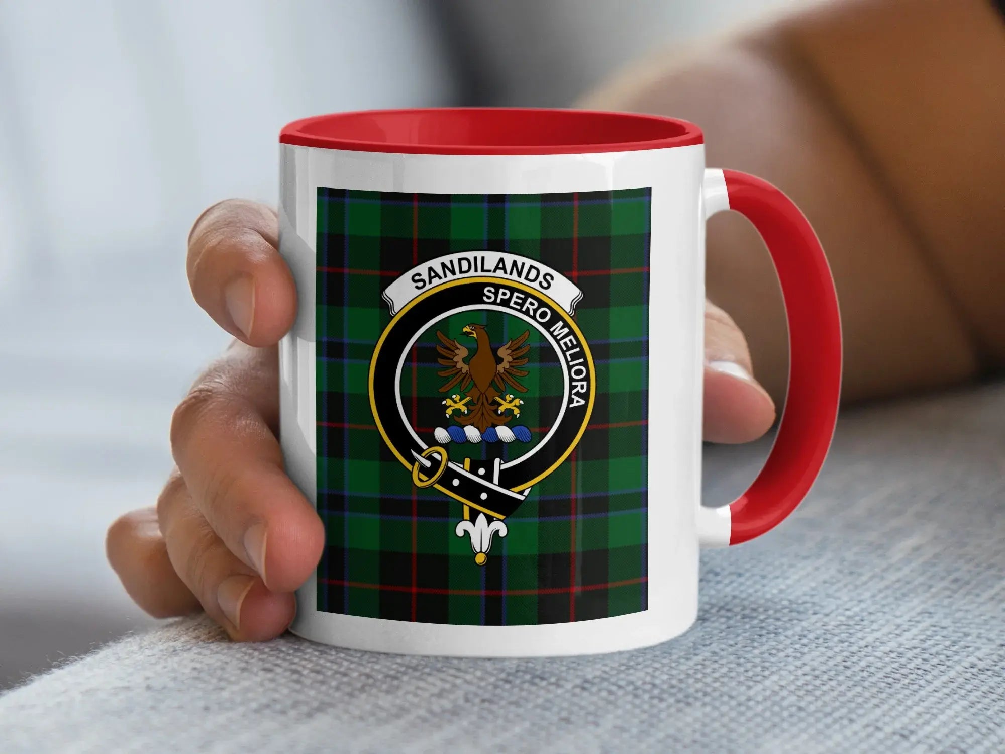 Clan Sandilands Spero Meliora plaid crest coffee mug — 15 oz ceramic, black handle