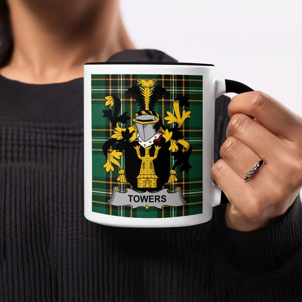 Black and white mug with the Towers family crest and tartan pattern.