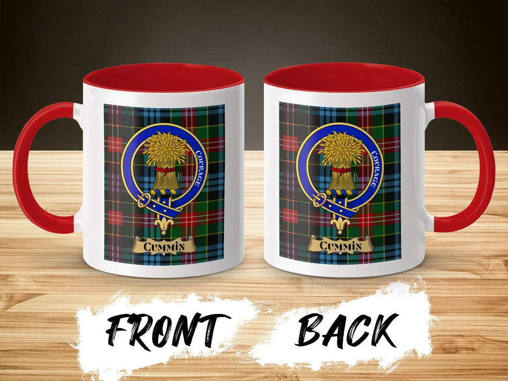 Cummin tartan-background crest mug shown as a Scottish heritage gift