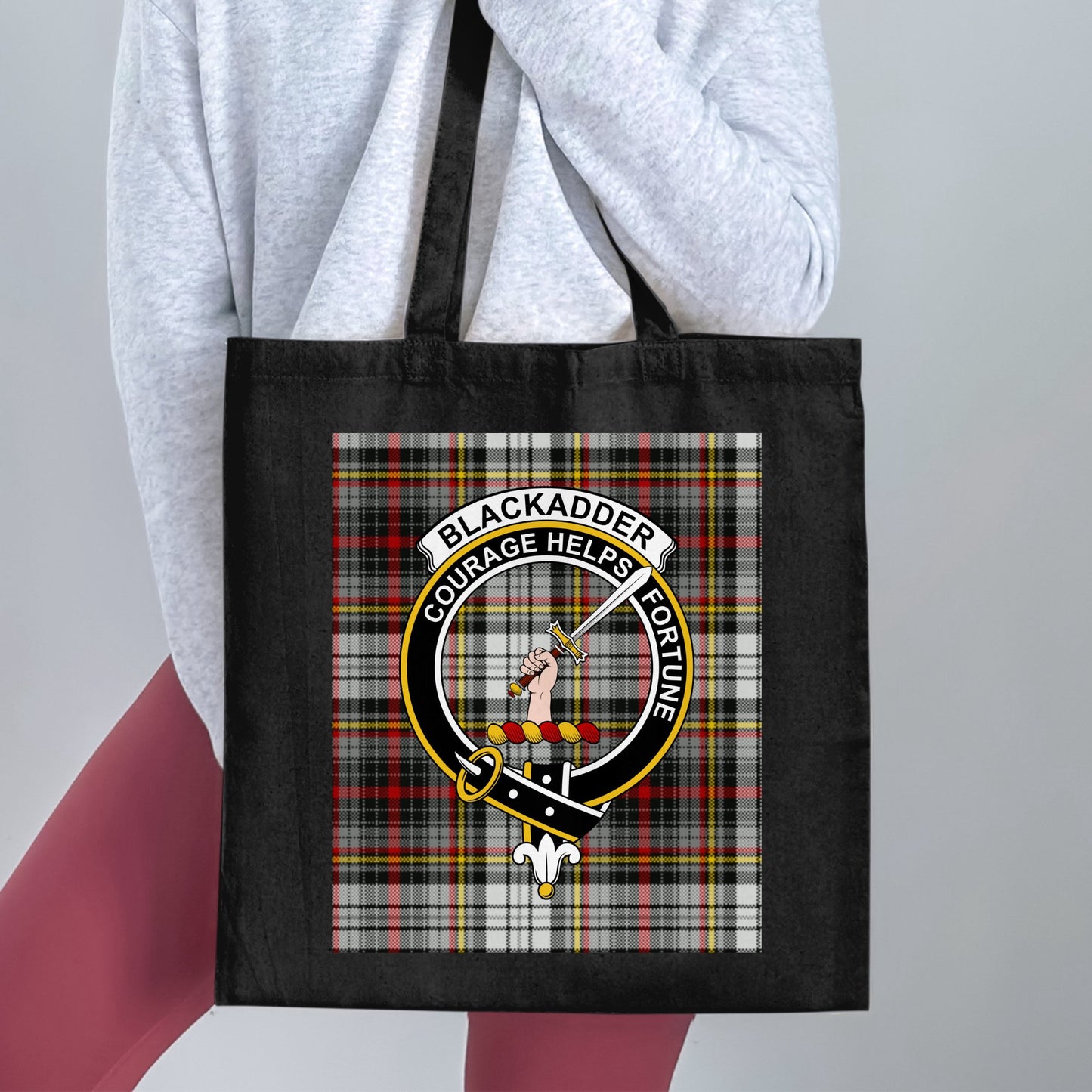 Blackadder Clan Crest on Tartan Background Tote Bag - Living Stone Gifts