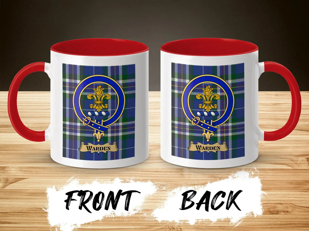 Warden tartan-background crest mug shown as a Scottish heritage gift
