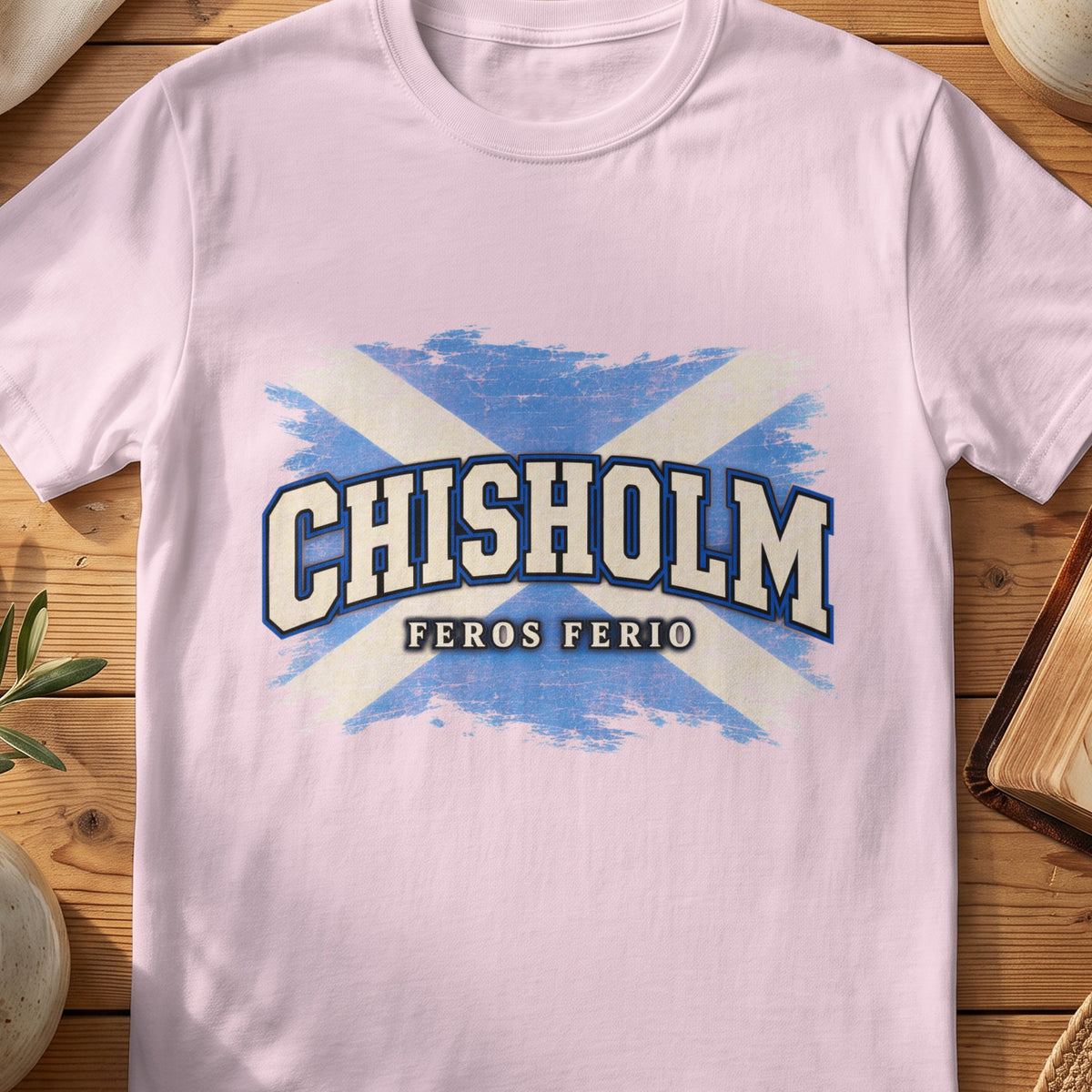 Chisholm Scottish Saltire T-shirt in Light Pink, with distressed blue and cream flag and “Feros Ferio” lettering.