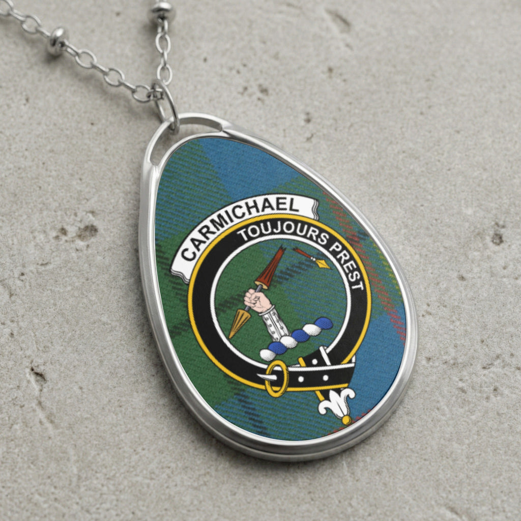Carmichael clan Scottish tartan necklace with clan crest and Toujours Prest motto on tartan background