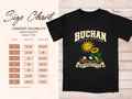 Comfort Colors 1717 size chart in inches with a black Buchan clan crest T-shirt preview