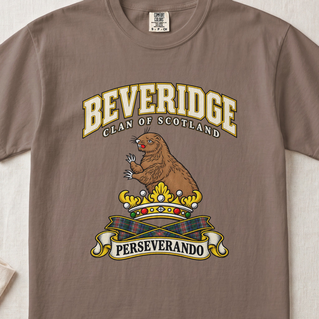 Beveridge Scottish clan T-shirt in Espresso, front view with a brown beaver above a gold crown and motto banner.