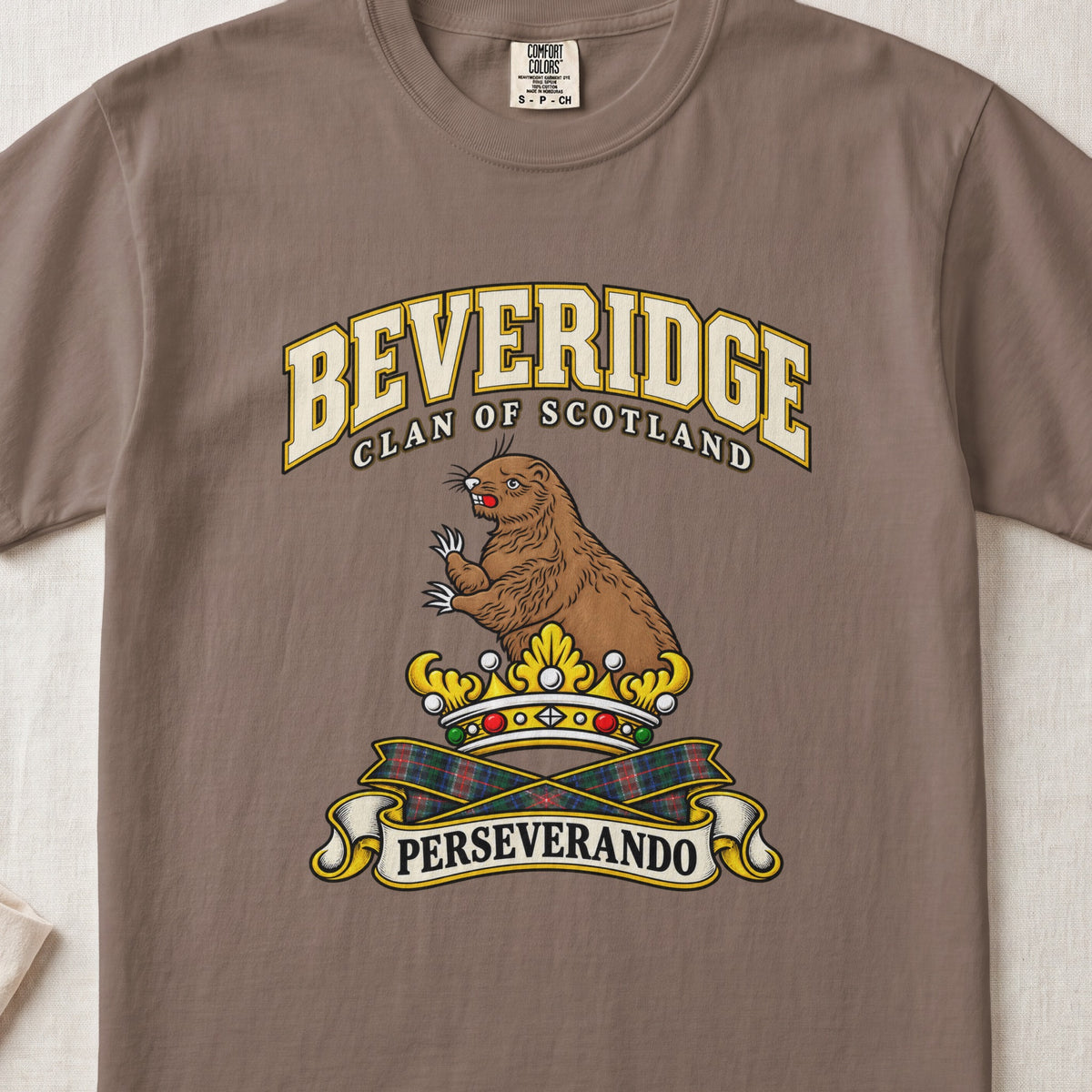 Beveridge Scottish clan T-shirt in Espresso, front view with a brown beaver above a gold crown and motto banner.