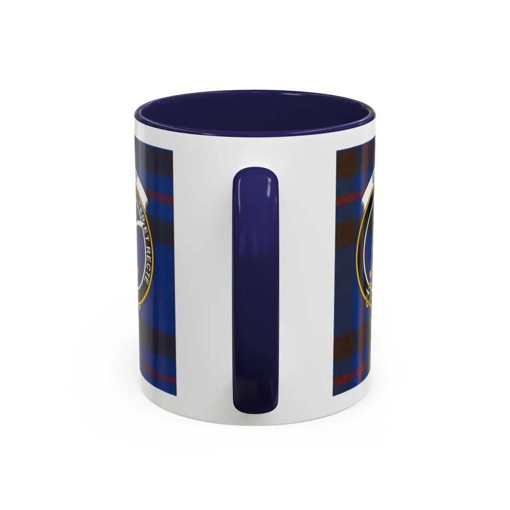 Elliot clan tartan mug with blue and white handle — Fortiter Et Recte crest, ceramic