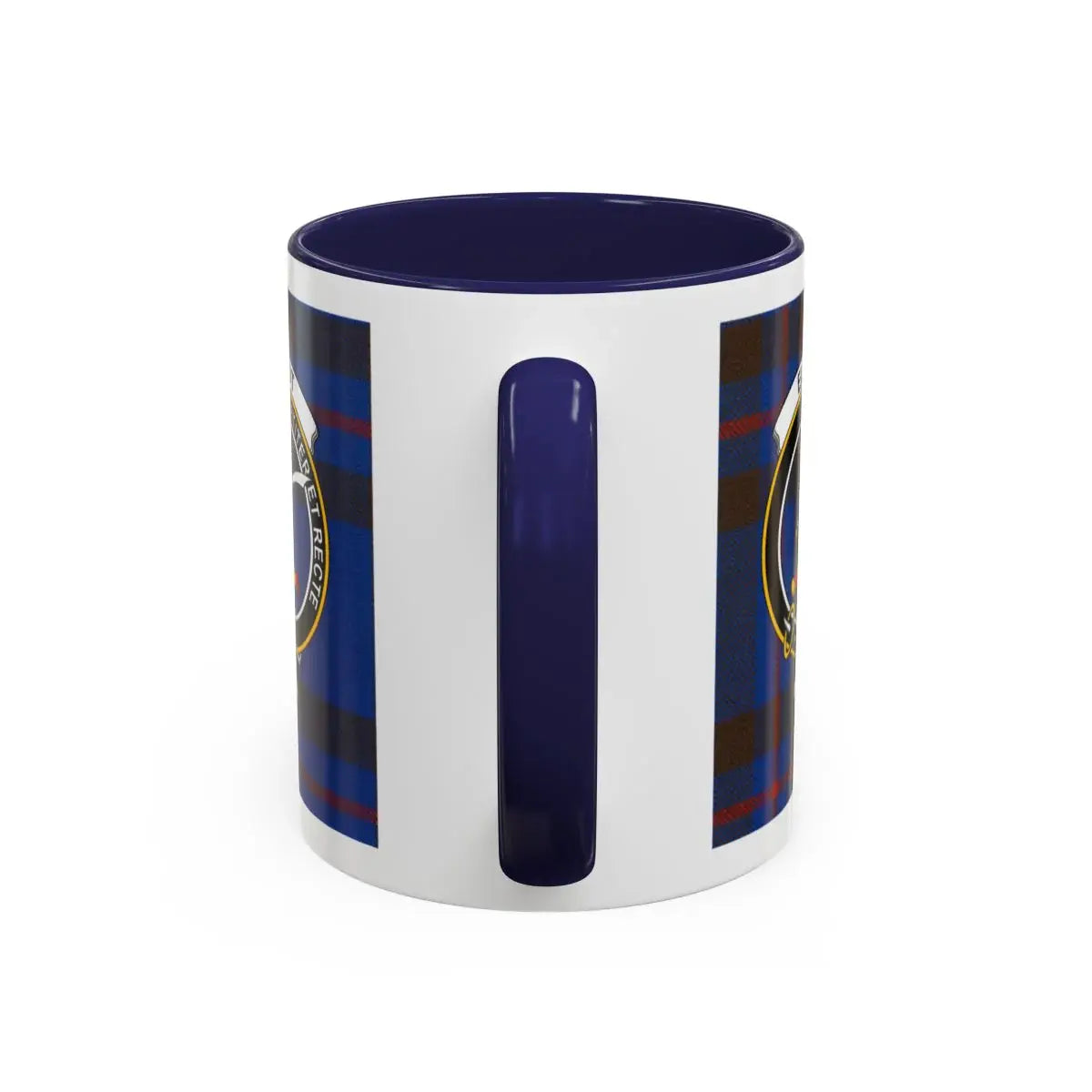 Elliot clan tartan mug with blue and white handle — Fortiter Et Recte crest, ceramic
