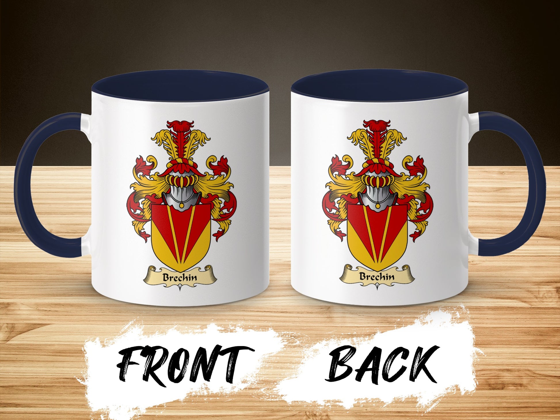Two white mugs with the Brechin coat of arms displayed on both sides.