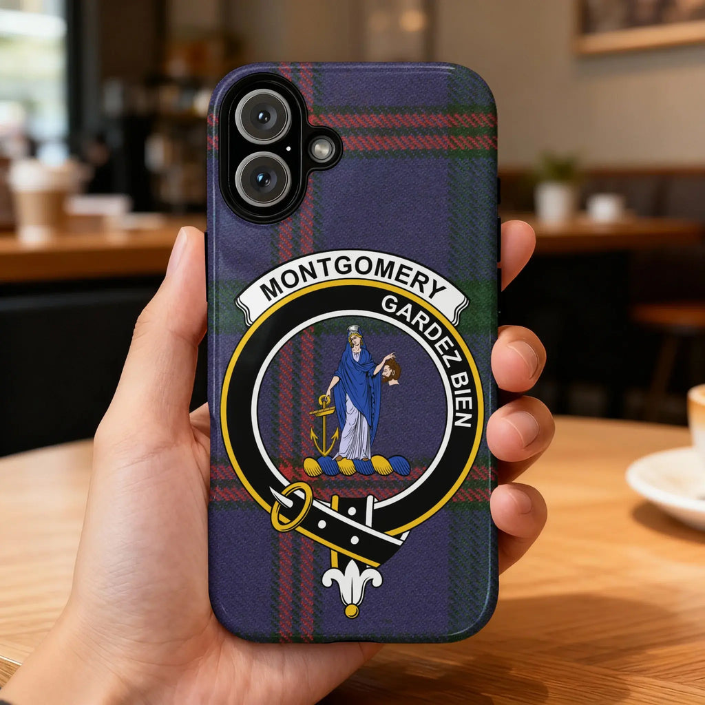 Montgomery clan crest tartan phone case rear view — Gardez Bien motto on glossy wrap print