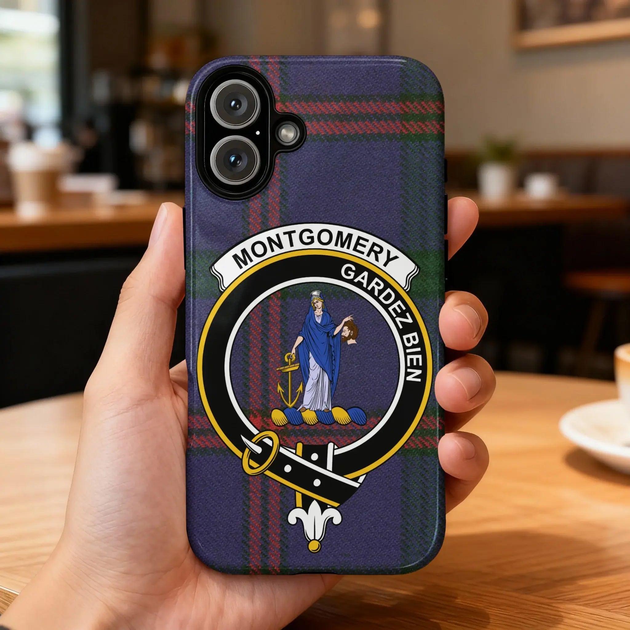 Montgomery clan crest tartan phone case rear view — Gardez Bien motto on glossy wrap print