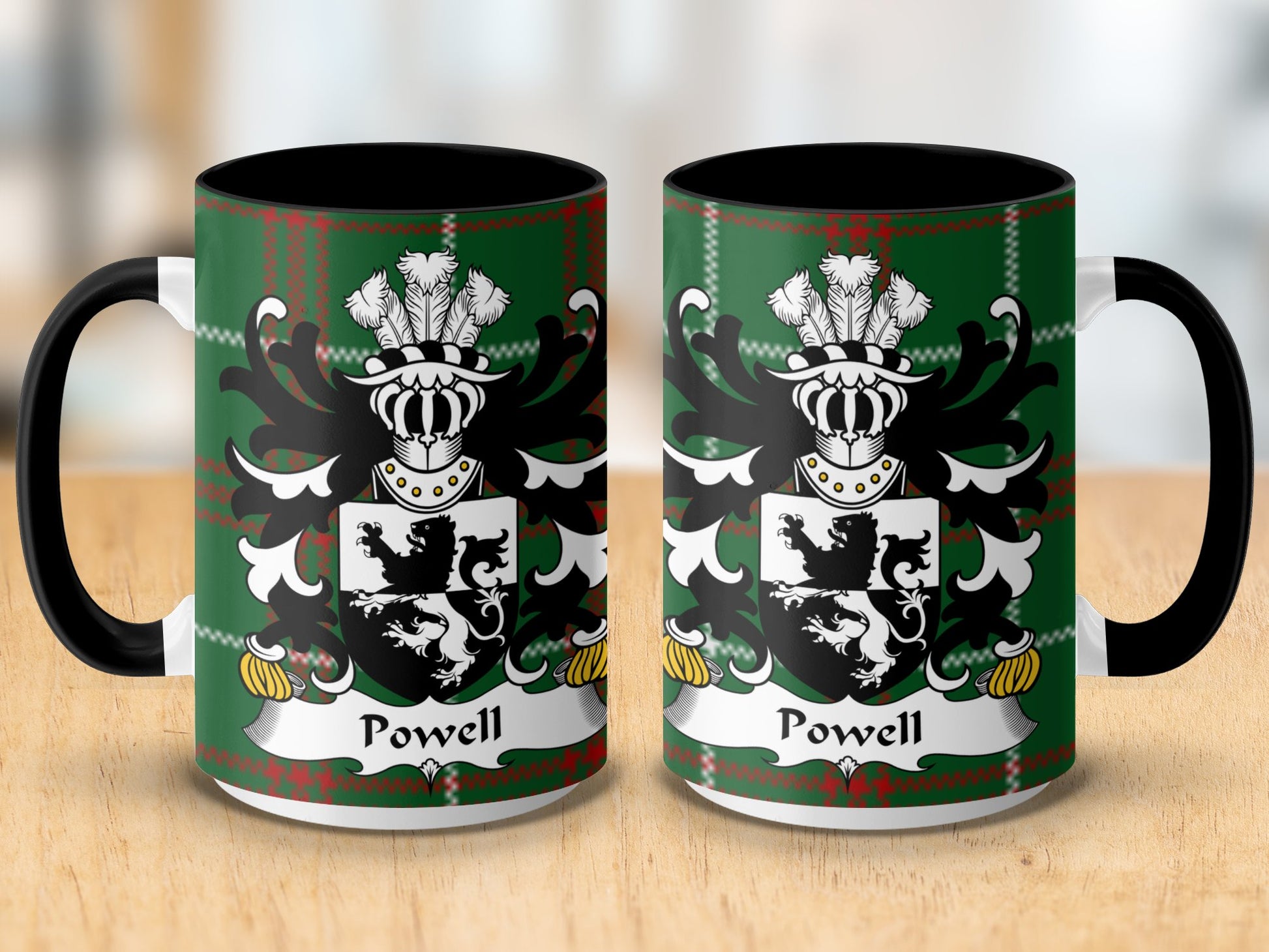 Powell Coat of Arms on Welsh National Tartan Background Mug - Living Stone Gifts