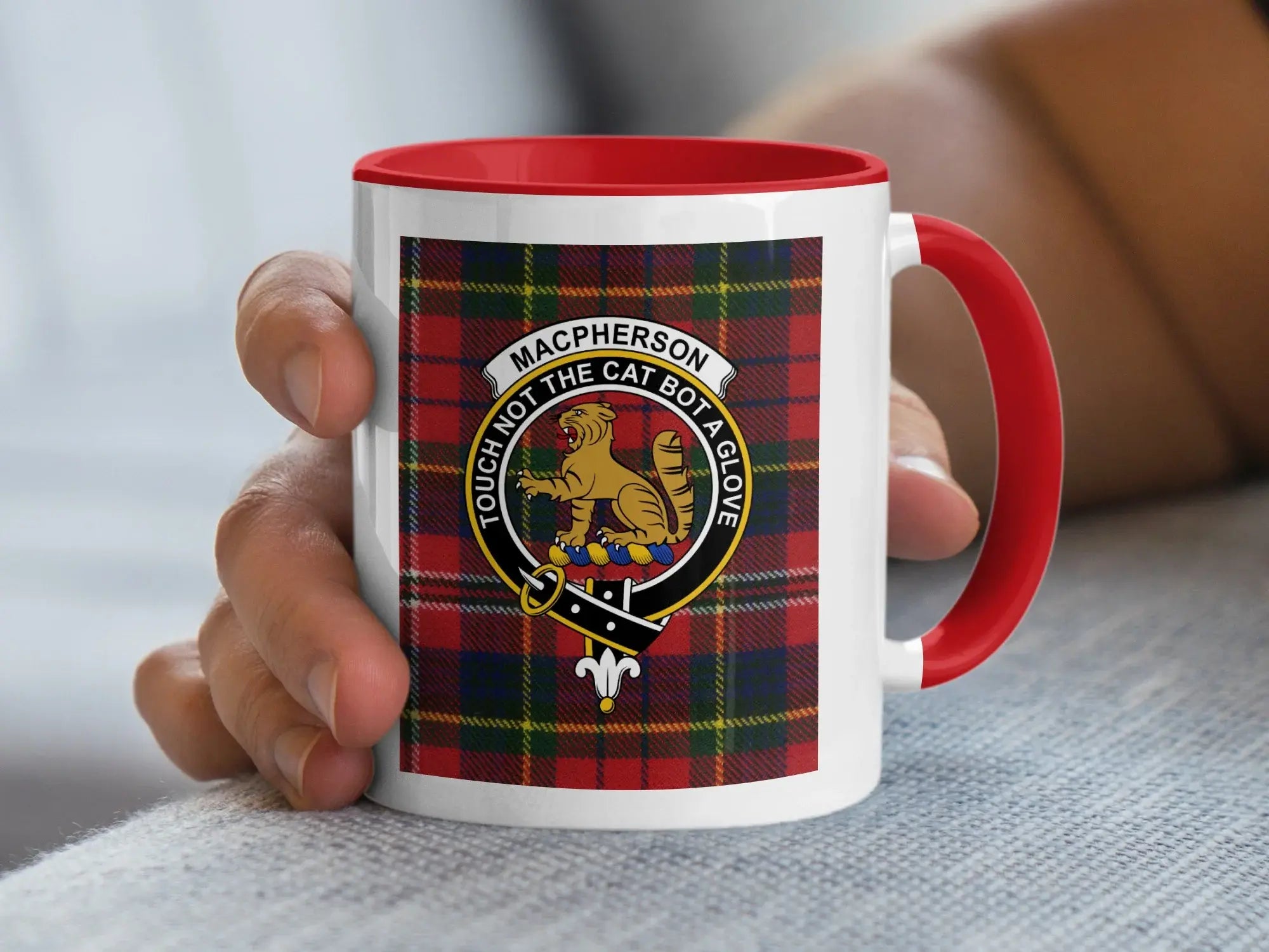 MacPherson Touch Not The Cat Bot A Glove crest mug — 11oz accent ceramic in red colourway
