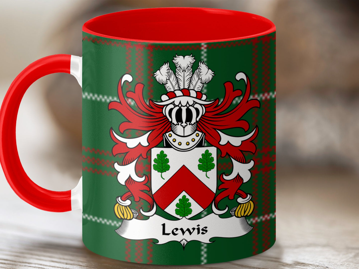 Lewis Surname Coat of Arms on Welsh Tartan Background Mug - Living Stone Gifts