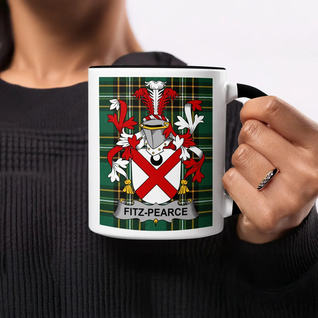 Mug featuring the Fitz-Pearce family crest on a tartan background.