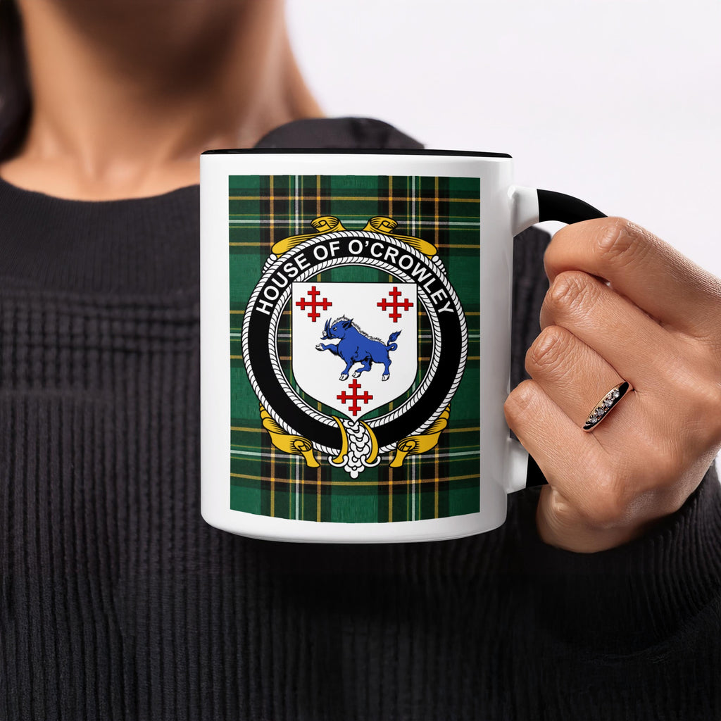 O'Crowley Irish heritage ceramic mug showing the Irish National Tartan and family crest emblem