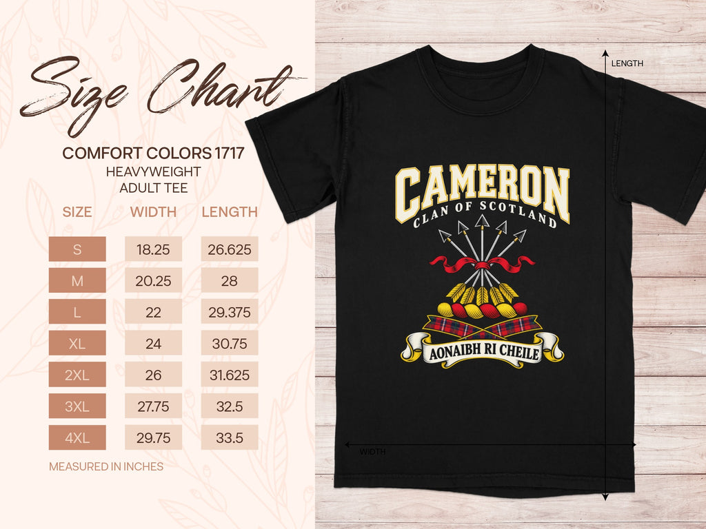 Comfort Colors 1717 size chart with shirt width and length in inches for sizes S to 4XL, beside the Cameron design.