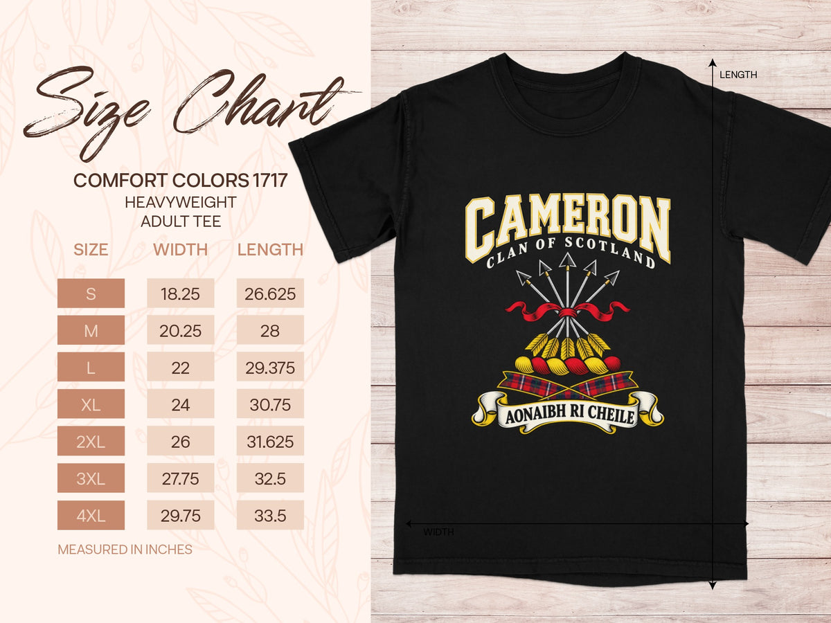 Comfort Colors 1717 size chart with shirt width and length in inches for sizes S to 4XL, beside the Cameron design.