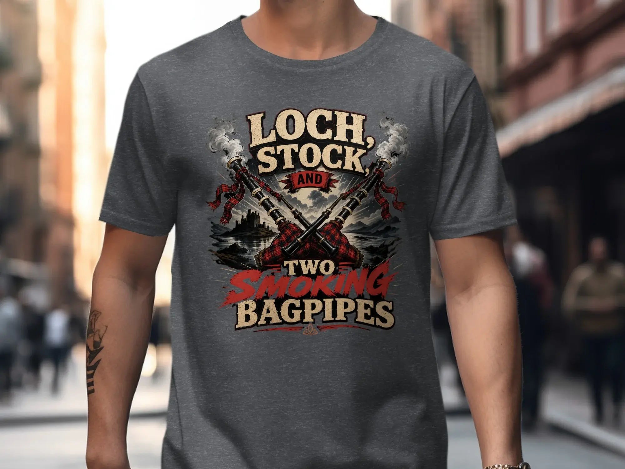 T-shirt with "Loch, Stock and Two Smoking Bagpipes" text and crossed bagpipes graphic.