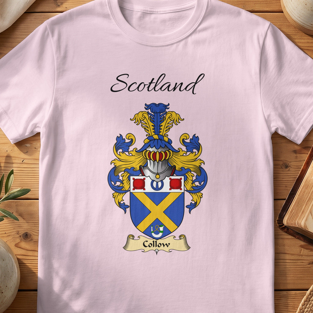 Light Pink Collow Scottish family shield T-shirt featuring a gold diagonal cross on blue
